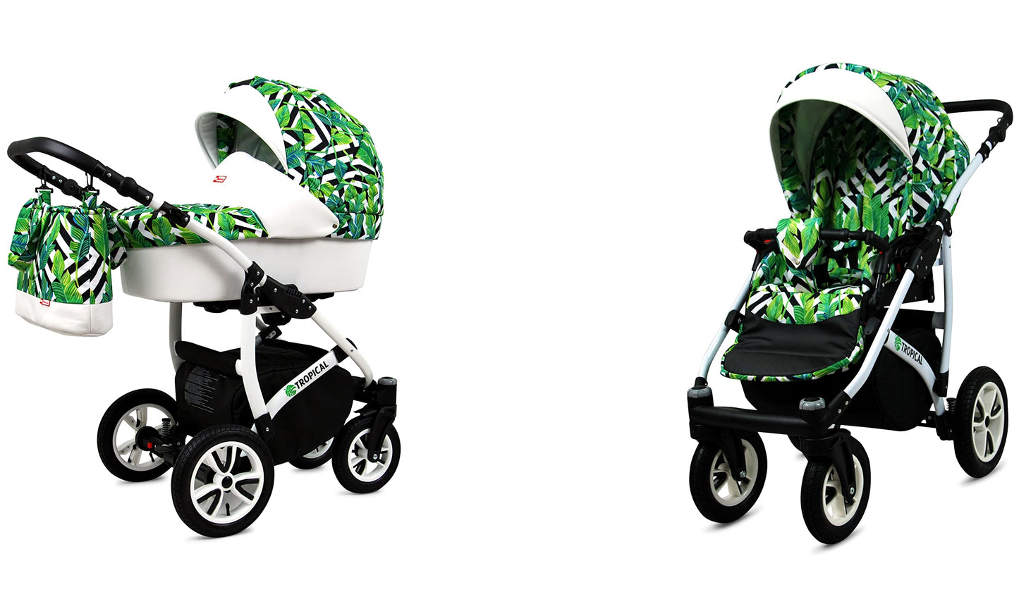 BabyLux® Bambimo Pushchair Set 3 in 1 - Tropical - incl. Baby Carrycot, Buggy Sports Seat, Car Seat - Pram Set - Combination Pram with Changing Bag, Rain Cover etc.