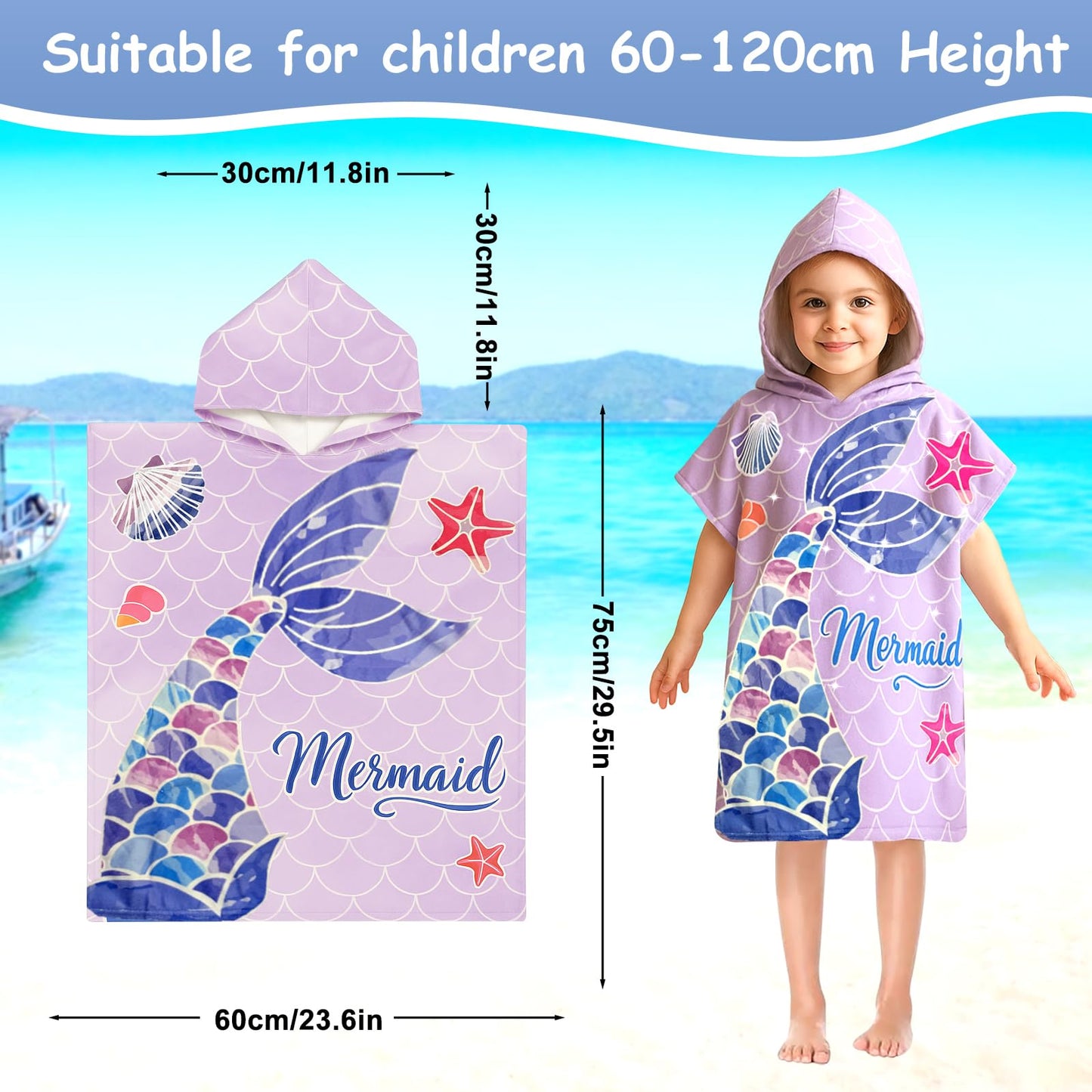 LMSHOWOWO Badeponcho Kinder mit Kapuze 75 * 65cm, Mikrofaser Handtuch Poncho Kinder, Weich Saugfähig Strandtuch Badetuch Badehandtuch, für Strand Schwimmen Reisen, für Mädchen Jungen 2-8 Jahre Alt