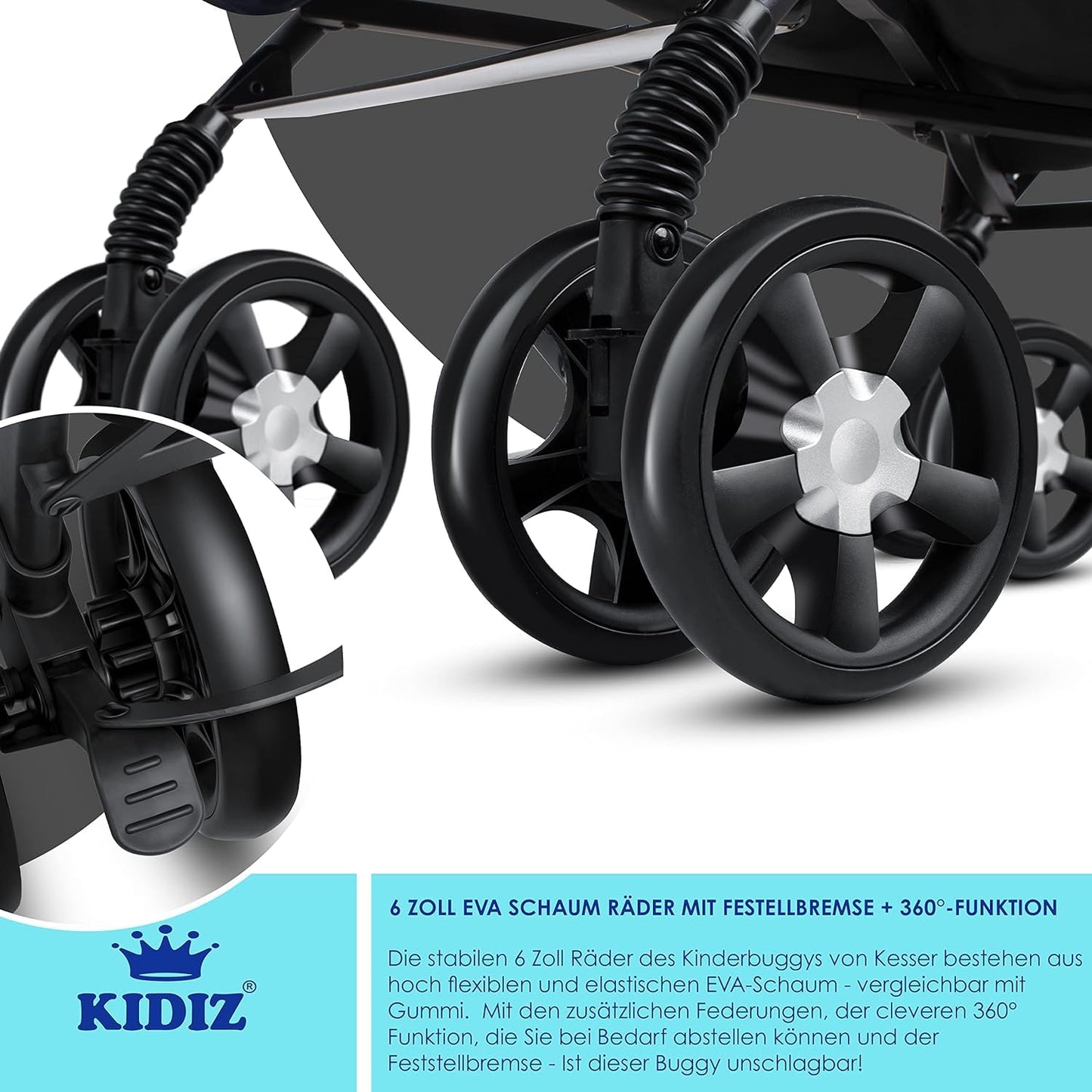 KIDIZ® City-Pro Pushchair Folding Pushchair Pushchair Sports Pushchair Foldable 360° 6 Inch Wheels Includes Mosquito Net, Footmuff and Rain Cover Foldable Sleep Function Blue 