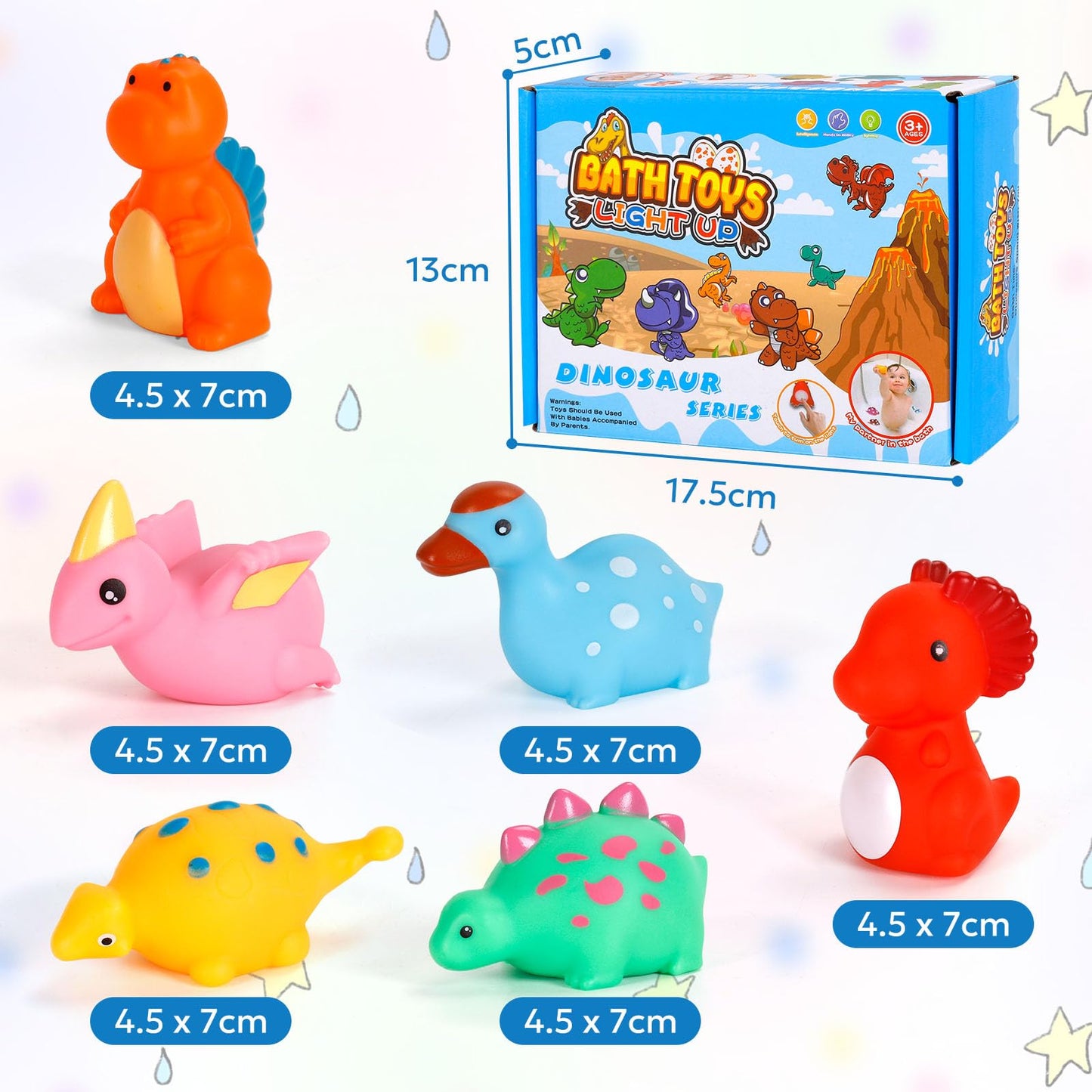 Jiosdo Bath Toy, Pack of 6 Dinosaur Bath Toys with Light, LED Bath Toy Children, Bath Toy Baby from 1 2 3 Years, Illuminates Water Toy, Bath Toys, Sensory Toy