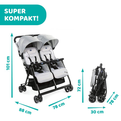 Chicco OHlalà Twin Twin Pushchair from Birth to 15 kg, Pram for Twins and Siblings, Adjustable Foldable Twin Buggy, Rain Cover and Extendable Hood