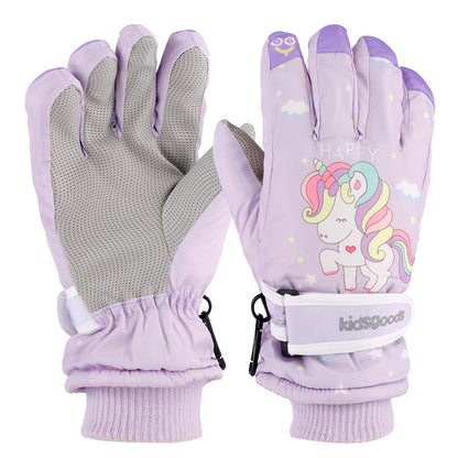 KAKU NANU Children's Winter Gloves 2-10 Years Ski Gloves Waterproof Warm Fleece Cartoon Children's Gloves Mittens with Cord Outdoor Snowboard Gloves Children Boys Girls Blue Red Pink Purple