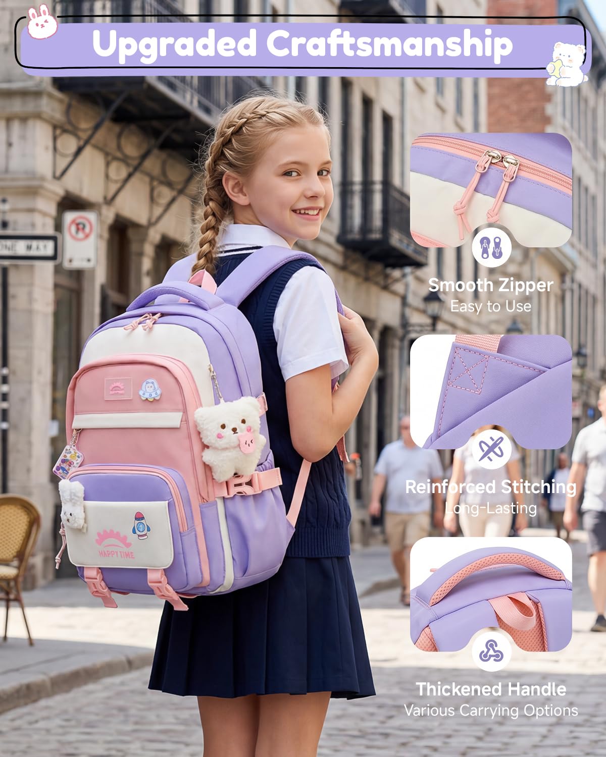 Tanou Schultasche Mädchen, Wasserabweisender Nylon Kinder Schulranzen, 20L | Leichter Schulrucksack für Mädchen der 2. bis 5. Klasse, Rucksack Schule mit Anhänger, Blau