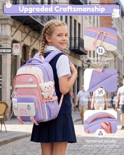 Tanou Schultasche Mädchen, Wasserabweisender Nylon Kinder Schulranzen, 20L | Leichter Schulrucksack für Mädchen der 2. bis 5. Klasse, Rucksack Schule mit Anhänger, Blau