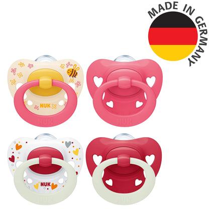 NUK Signature Day & Night Baby Pacifiers | 0-6 Months | Soothes 95% of Babies | BPA Free Silicone Heart-Shaped Pacifier | Glow in the Dark | Hearts | Pack of 4 - Meloni2