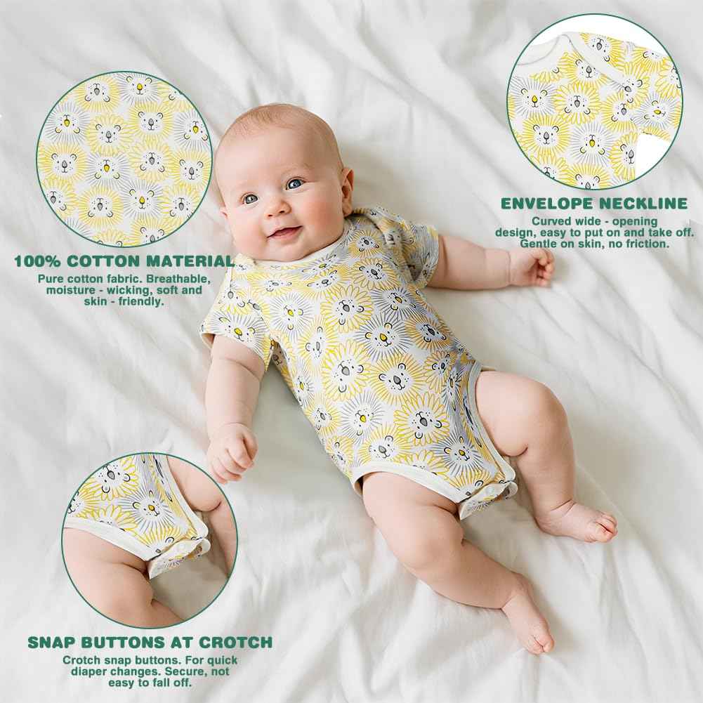Vicloon Baby Bodysuit Short Sleeve Unisex Baby Set Short Sleeve Bodysuits Made of 100% Super Soft Cotton, Baby Bodysuit with Press Studs for Newborn Baby Boys and Girls 0-3 m/3-6 m/6-9 m/9-12 m