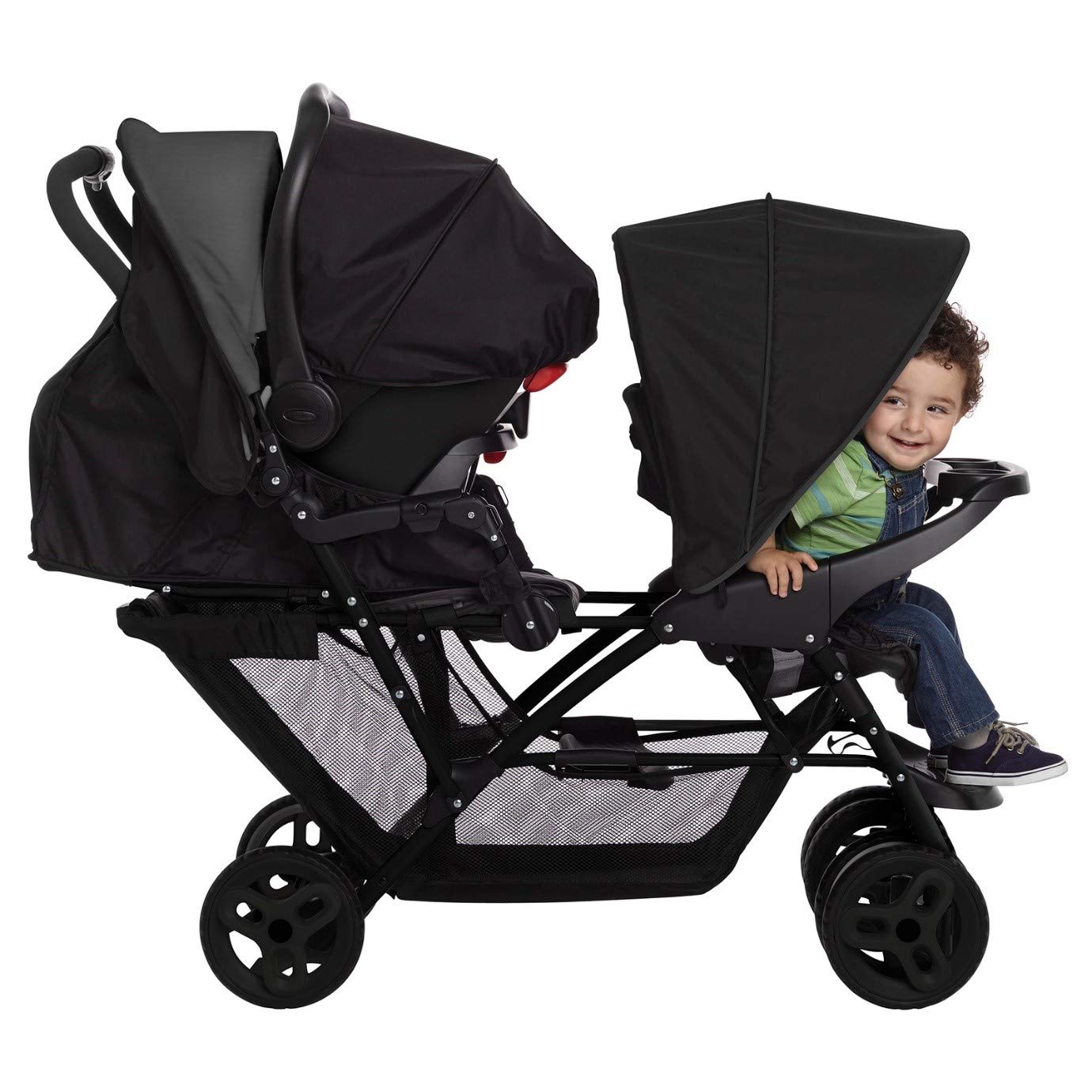 Graco Stadium Duo Geschwisterwagen, Zwillingswagen, 0-15 kg, auch mit Babyschale nutzbar, verstellbare Rückenlehnen, zusammenklappbar, freistehend, großer Staukorb, inkl. Snacktabletts, Titanium