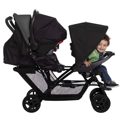 Graco Stadium Duo Geschwisterwagen, Zwillingswagen, 0-15 kg, auch mit Babyschale nutzbar, verstellbare Rückenlehnen, zusammenklappbar, freistehend, großer Staukorb, inkl. Snacktabletts, Titanium