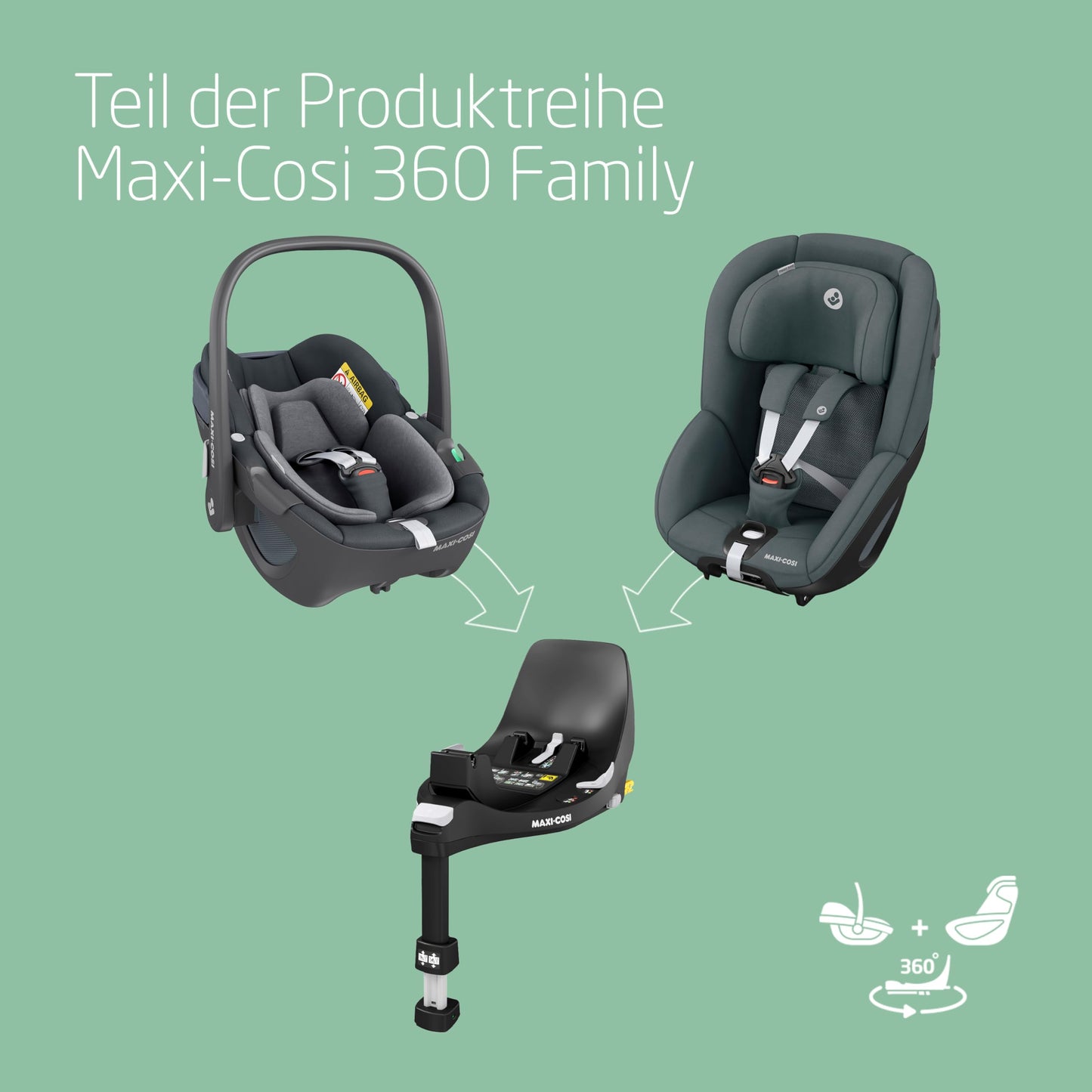 Maxi-Cosi Pebble 360 i-Size Babyschale Drehbar, Neugeborenen Autositz 360 Grad, 0–15 Monate (40–83 cm), Drehung mit einer, ClimaFlow, Easy-In-Gurt, G-CELL Seitenaufprallschutz, Essential Green