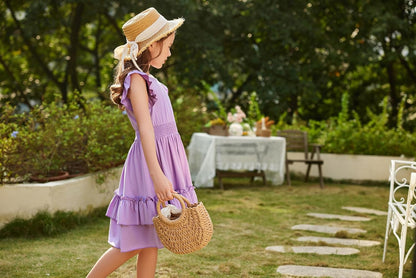 Arshiner Girls Dresses Flutter Sleeves Kids Summer Cotton Formal Dress A-Line Waist Lace-up Casual Dress Swing Dress Elegant Sleeveless Dress for Girls 5-13 Years 