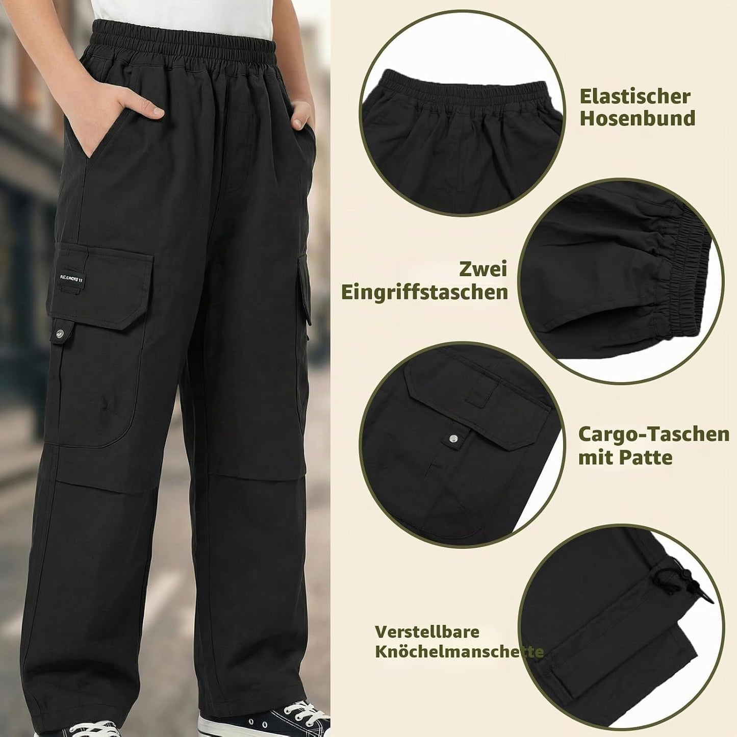 Cargohose Jungen Baggy Jogginghose Baumwollhose Kinder Gr.122-170 | Jungs Jogger Hose, Elastische Taille, Cargo Hosen, Weites Bein Freizeithose, mit Taschen, Atmungsaktiv Streetwear Sporthose
