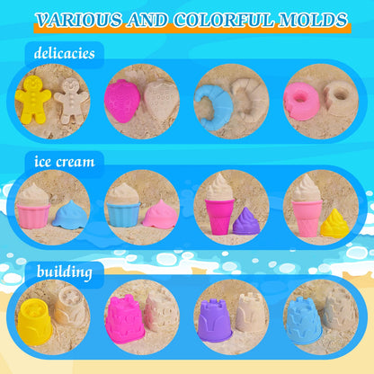 Fegalop Sand Toy Set for Girls 31 Pieces, Sandpit Toy Beach Toy with Folding Bucket, Beach Toy Children with 5 Sand Shovel, Bucket, Sand Shapes, Sunglasses, Mesh Bag for Children