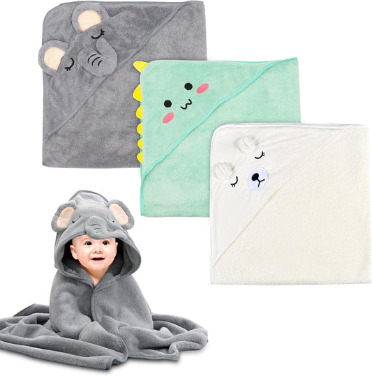 Forhandy Baby Hooded Towel, Pack of 3, Baby Towel Hood 80 x 80 cm, Baby Towel with Hood, Coral Fleece, Soft & Super Absorbent, Baby Bath Towel for Babies and Toddlers