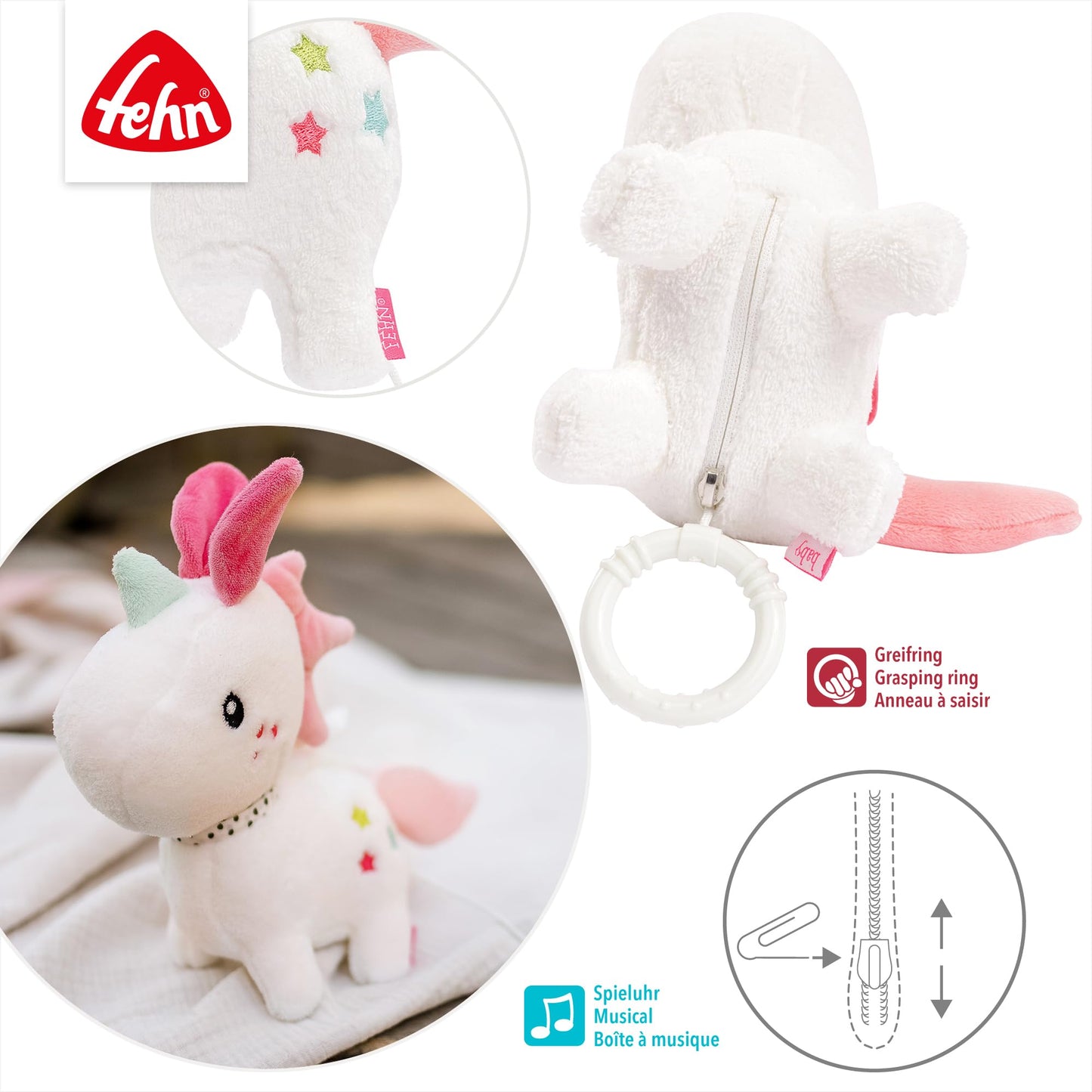 Fehn Spieluhr Baby Einschlafhilfe Schaf - Kuscheltier mit sanfter Einschlafhilfe Melodie "Guten Abend, gut´ Nacht" - Babyspielzeug für Unterwegs und Zuhause - Musikspielzeug für Babys und Kleinkinder