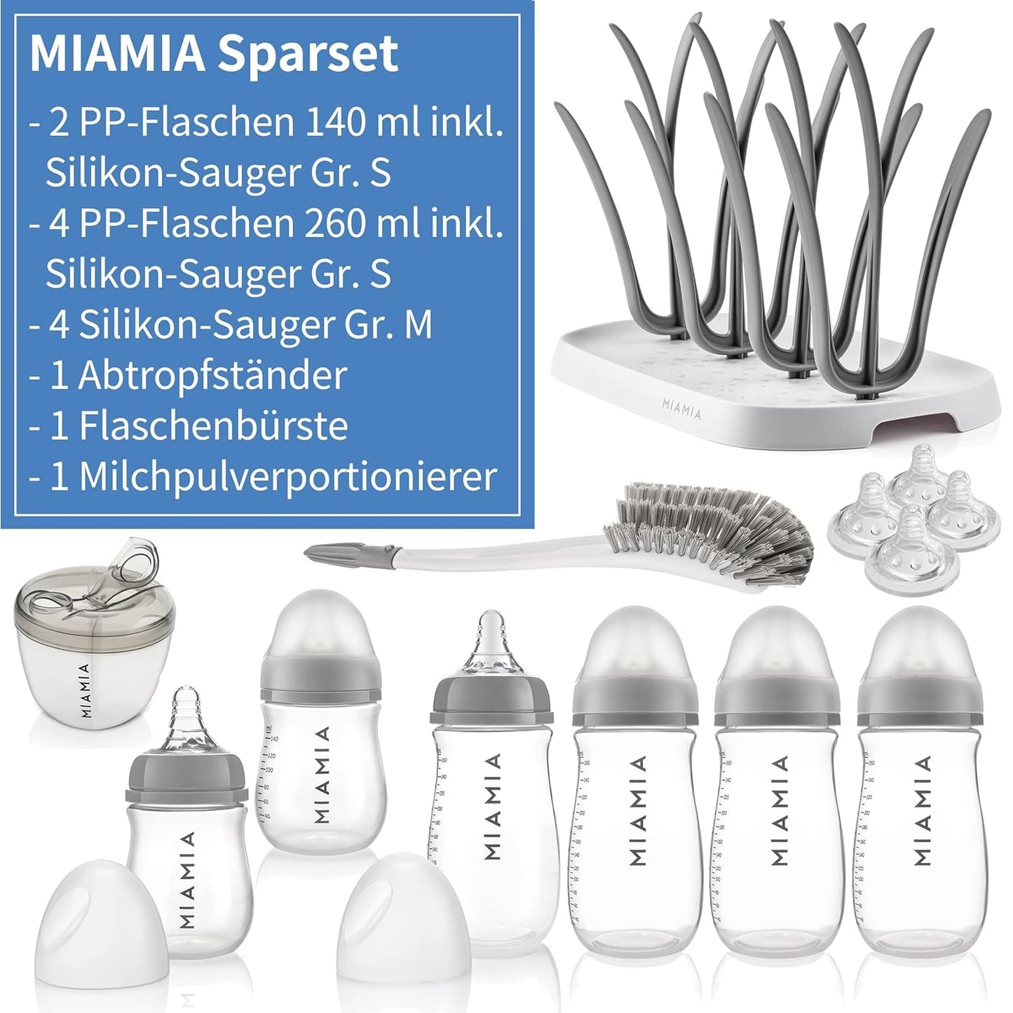 MiaMia 13-tlg. Babyflaschen Set – 6 Flaschen mit Silikon-Trinksaugern | Inkl. Milchpulverportionierer, Bürste & Abtropfständer | BPA-frei, Anti-Kolik & spülmaschinenfest | 2x 140 ml & 4x 260 ml - Meloni2