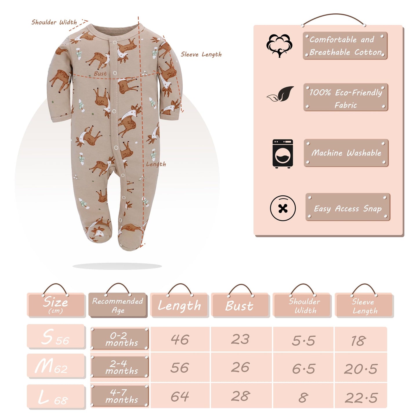 Babyschlafstrampler Baumwolle mit Füßen mit Knöpfen Größe 56 62 68 cm für Jungen Mädchen Neugeborene 3er Pack