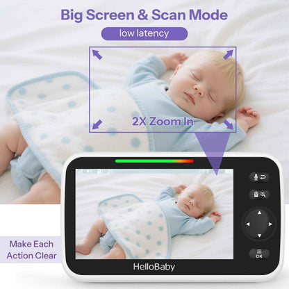 HelloBaby Baby Monitor with Camera, 29 Hours Battery Life, 355°/120° Baby Monitor with Remote Controlled Pan-Tilt Camera, 2x Zoom, Infrared Night Vision Camera, Eco Mode, Up to 305 m, 2-Way Audio