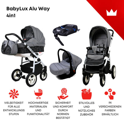 BabyLux® Kinderwagen Set 4 in 1 - Alu Way - incl. Babywanne, Buggy Sportsitz, Auto-Babyschale, ISOFIX-Basisstation - Autositz - Kinderwagenset - Kombikinderwagen mit Wickeltasche usw.