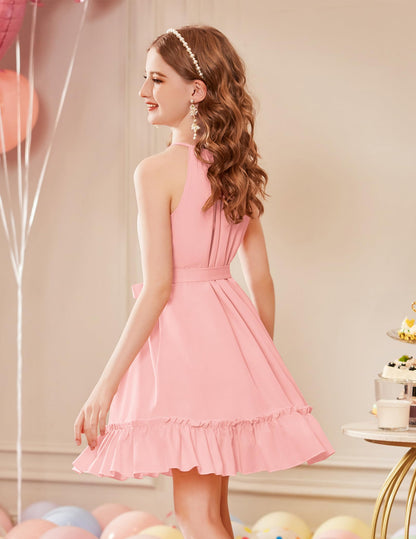 Arshiner Mädchen Kleid Neckholder Sommerkleid Rüschensaum Midikleid A-Linie Kinderkleid Swing Partykleider Abendkleid Kinder Festliche Kleider Freizeitkleid mit Gürtel 6-14 Jahre