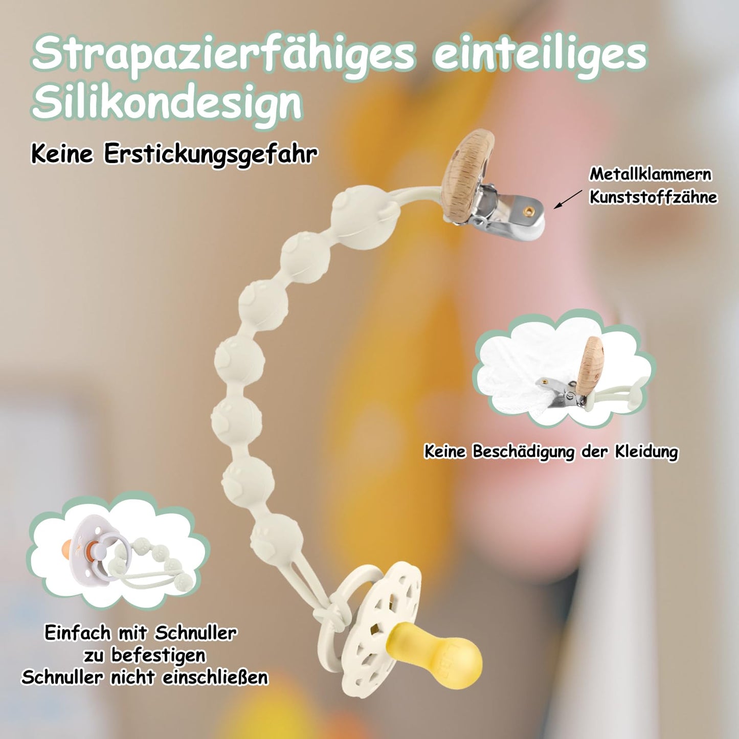 3er-Pack Schnullerkette Aus Silikon, Schnullerkette Mädchen und Mit Namen Junge, Geeignet für Baby, Hält Schnuller Sauber, Weiche Flexible BPA Frei Langlebig–Hohe Robustheit, Mandel Grün Blau
