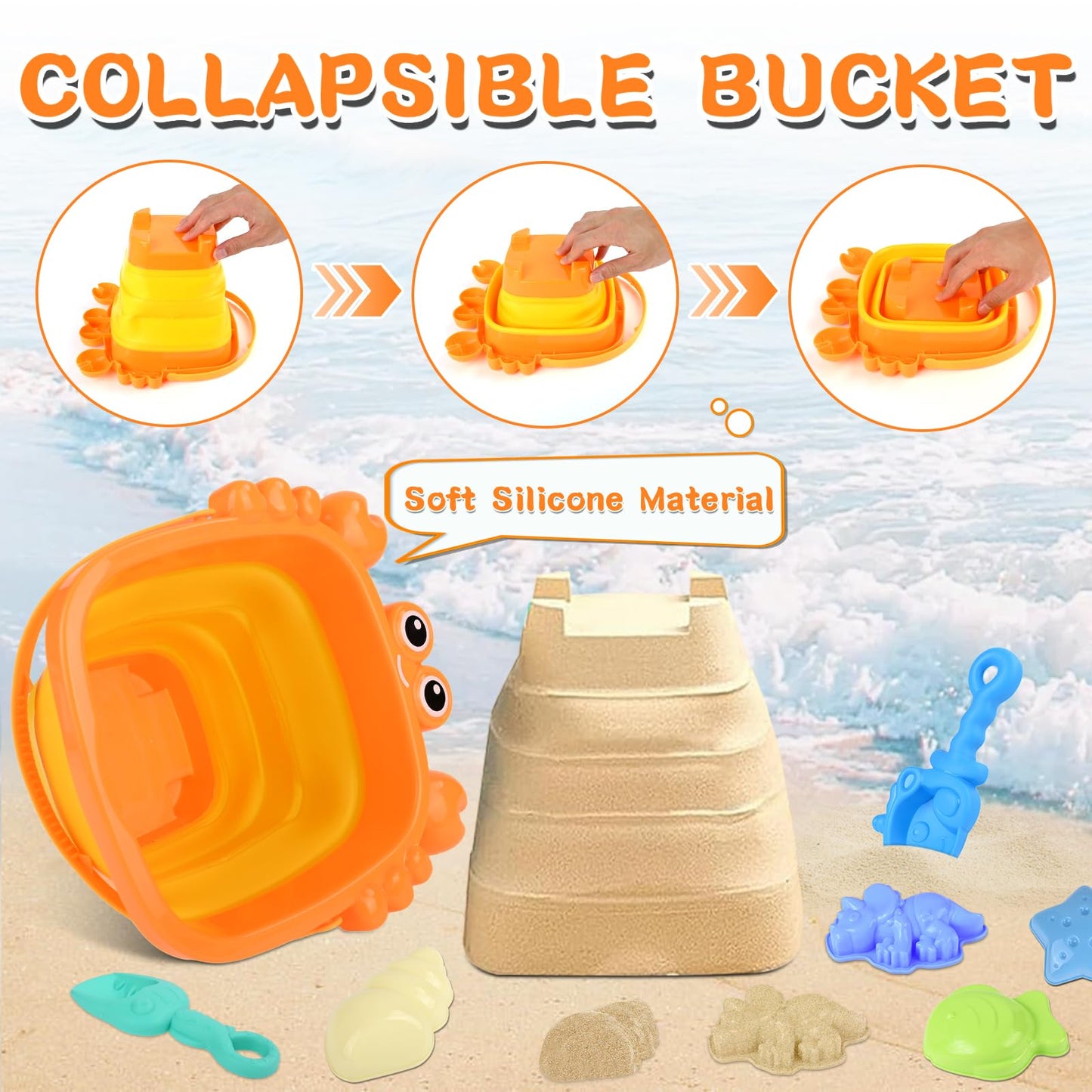Euakee Sand Toy for Children, 11 Pieces Sand Toys with Foldable Bucket, Sanity Toy Set, Sand Toy Beach, Sandpit Toy for Children 3 4 5 6 7 Years (Orange)