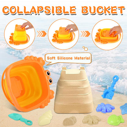 Euakee Sand Toy for Children, 11 Pieces Sand Toys with Foldable Bucket, Sanity Toy Set, Sand Toy Beach, Sandpit Toy for Children 3 4 5 6 7 Years (Orange)