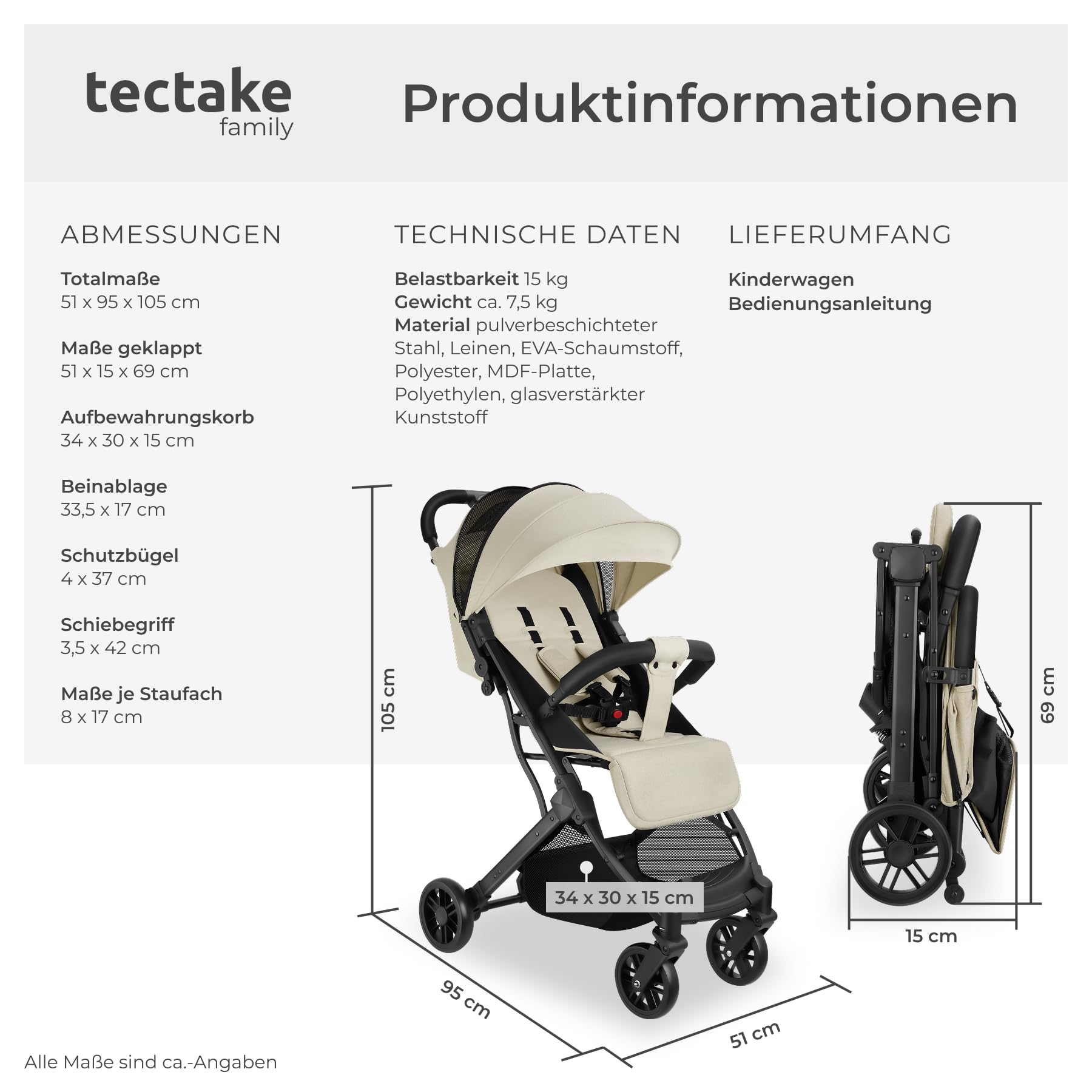 tectake® Buggy Kinderwagen von 0 bis 3 Jahre, Wagen für Baby Erstausstattung Neugeborene und Kinderbuggy, einhändig faltbarer Reisebuggy, Reisekinderwagen, Baby Wagen mit Verdeck - grau/beige - Meloni2