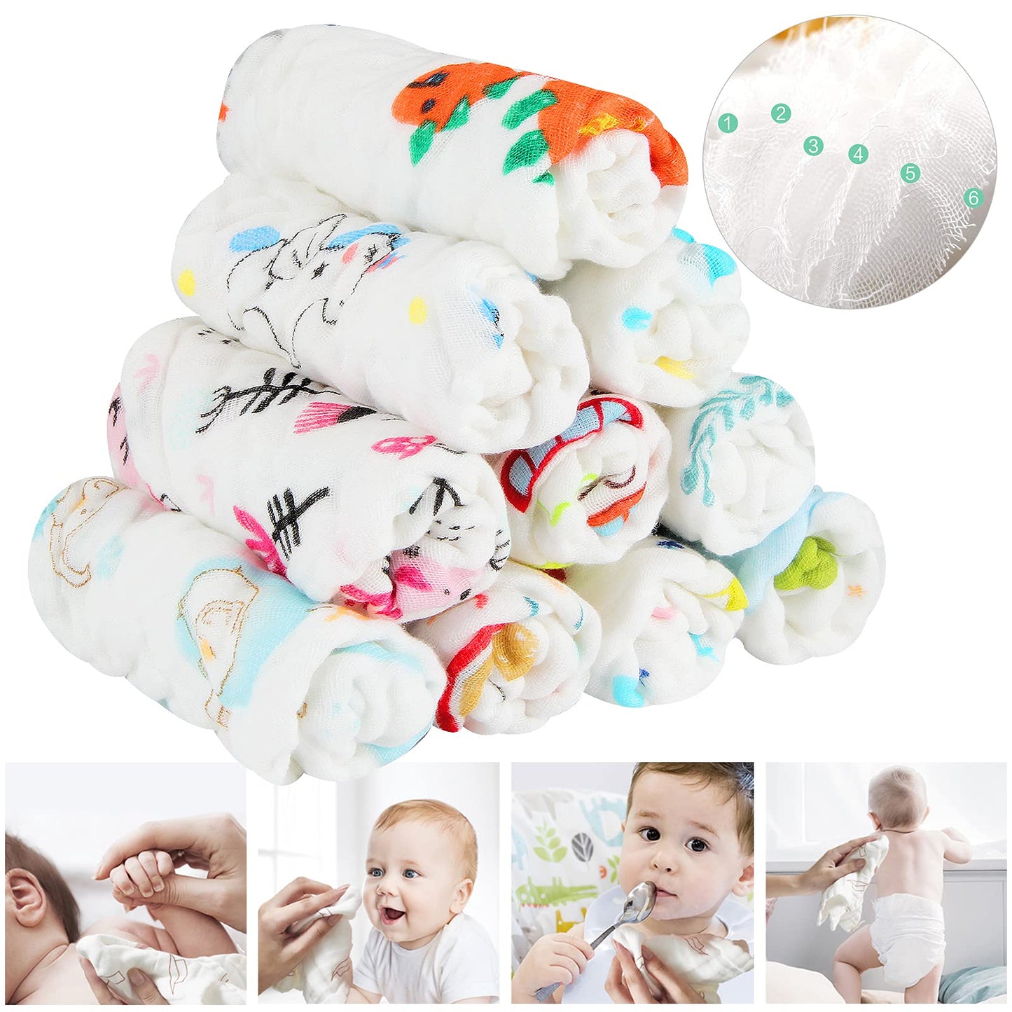 Koo-dib Baby Musselin Waschlappen Tuch Mullwindeln Spucktücher -Handtücher Weiche Neugeborene Gesichtstücher Saugfähig Junge Mädchen Sabberlätzchen 10 Stück 25x25 cm lätzchen