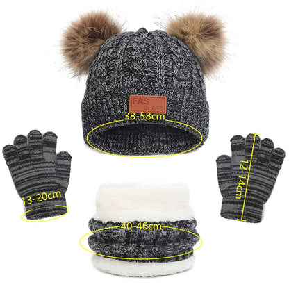 LINSOCLE 3-in-1 Children's Winter Hat Scarf Gloves Set, Knitted Hat Baby Hat Children's Hat Set, Boys Warm Winter Hat Beanie Hat Gloves Round Scarf Set for Children 2-6 Years
