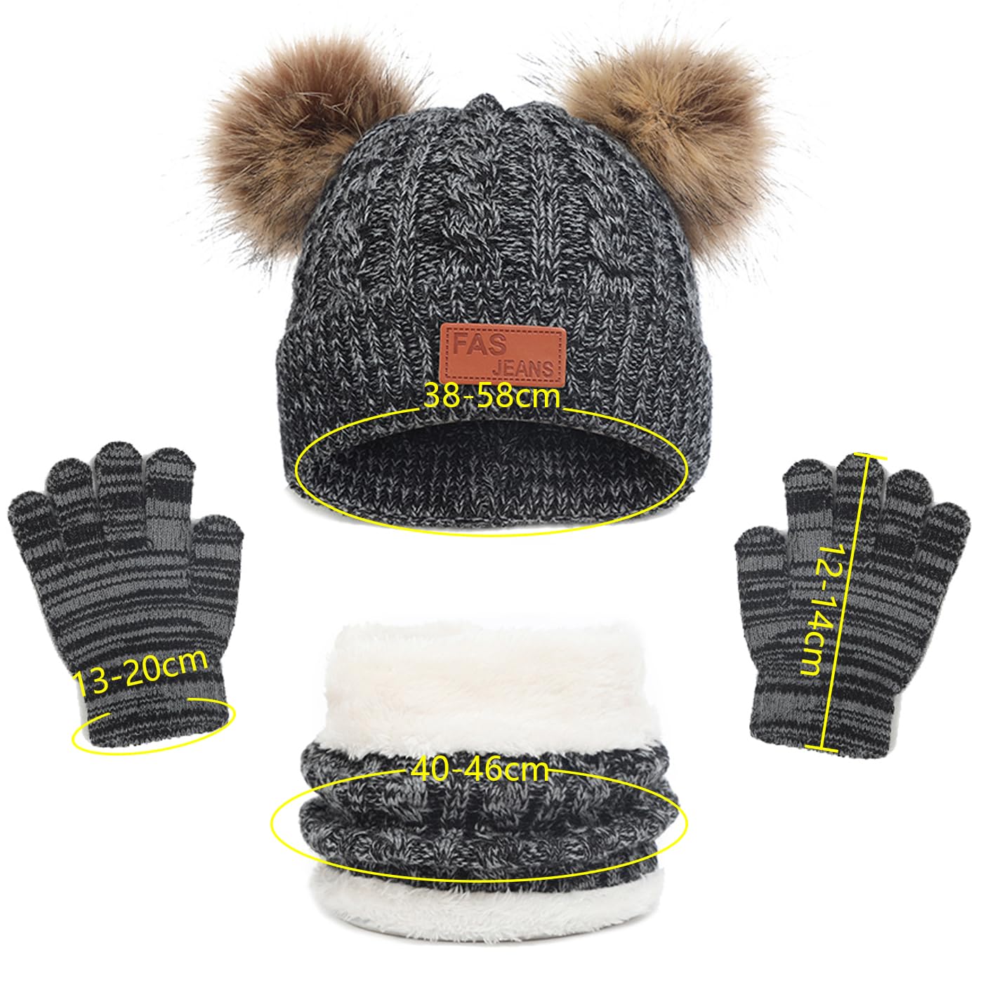 LINSOCLE 3-in-1 Children's Winter Hat Scarf Gloves Set, Knitted Hat Baby Hat Children's Hat Set, Boys Warm Winter Hat Beanie Hat Gloves Round Scarf Set for Children 2-6 Years 