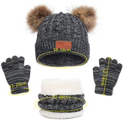 LINSOCLE 3-in-1 Children's Winter Hat Scarf Gloves Set, Knitted Hat Baby Hat Children's Hat Set, Boys Warm Winter Hat Beanie Hat Gloves Round Scarf Set for Children 2-6 Years 