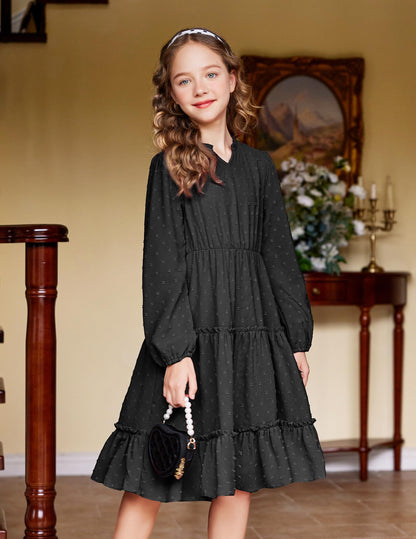 Arshiner Dress Girls Festive Flounce V-Neck Long Sleeve Dress Swiss Dot Chiffon Dress Children Tiered Dress A-Line Party Dress Wedding Princess Dress Swing Skater Dress 5-12 Years 