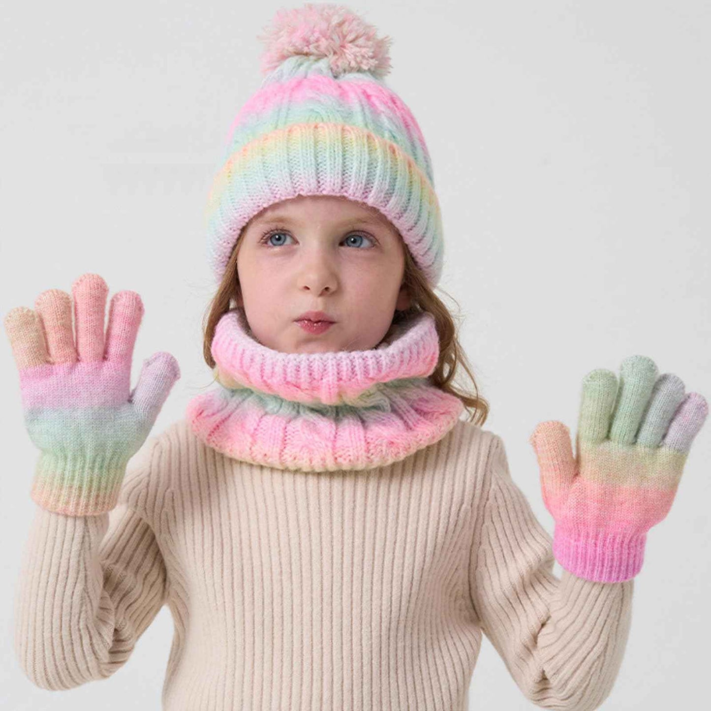 Children's Hat Scarf Gloves Set - 3-in-1 Winter Knitted Hat Scarf and Gloves Set for Children with Pom Pom Beanie, Neck Warmer & Mittens for Boys Girls Age 3-10 Years