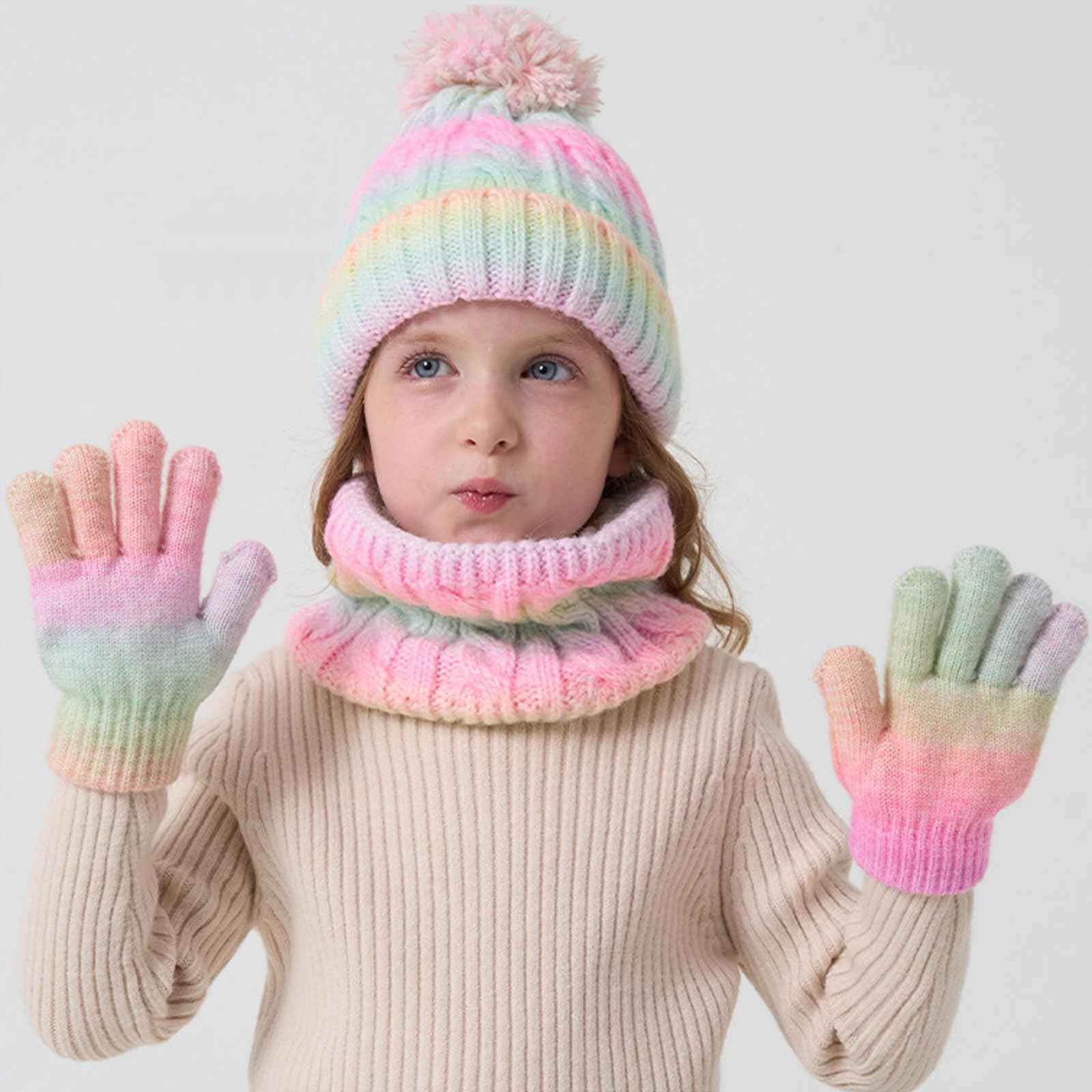 Children's Hat Scarf Gloves Set - 3-in-1 Winter Knitted Hat Scarf and Gloves Set for Children with Pom Pom Beanie, Neck Warmer & Mittens for Boys Girls Age 3-10 Years