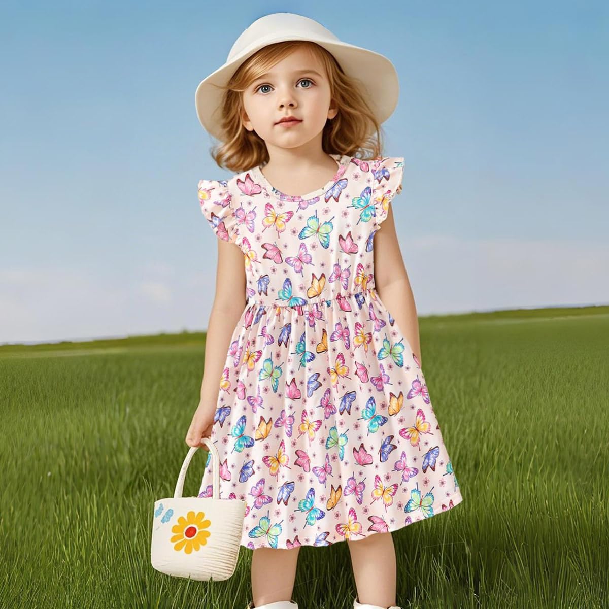 EULLA Kinder Mädchen Kleid Kurzarm Lässig A-Linie Regenbogenstreifen Erdbeere Marienkäfer Schmetterling Kleider Gr.92 98 104 110 116 122