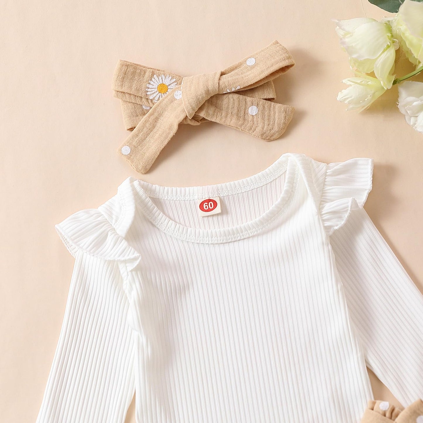Geagodelia Baby Girl Clothes Baby Clothing Outfit Set Long Sleeve Bodysuit Romper + Daisy Pants + Headband Newborn Soft Baby Set 
