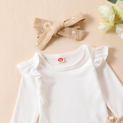 Geagodelia Baby Girl Clothes Baby Clothing Outfit Set Long Sleeve Bodysuit Romper + Daisy Pants + Headband Newborn Soft Baby Set 
