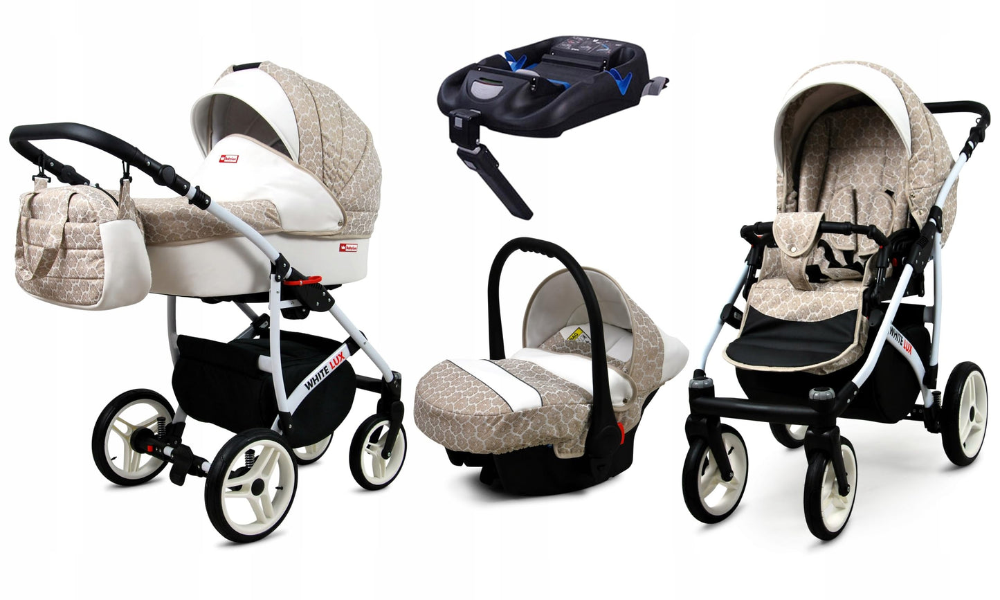 BabyLux® Bambimo Kinderwagen Set 3 in 1 - White Lux - incl. Babywanne, Buggy Sportsitz, Auto-Babyschale - Autositz - Kinderwagenset - Kombikinderwagen mit Wickeltasche, Regenschutz usw.