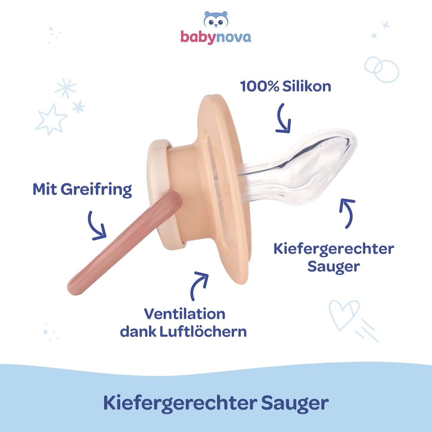 babynova Silikon Schnuller 2er-Set mit Sterilisationsbox - Schnuller Größe 1, 0-6 Monate - kiefergerechter Nuckel – BPA-frei – Made in Germany - Elefanten