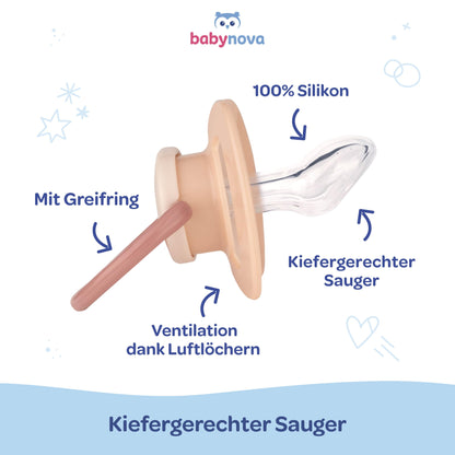 babynova Silikon Schnuller 2er-Set mit Sterilisationsbox - Schnuller Größe 1, 0-6 Monate - kiefergerechter Nuckel – BPA-frei – Made in Germany - Elefanten