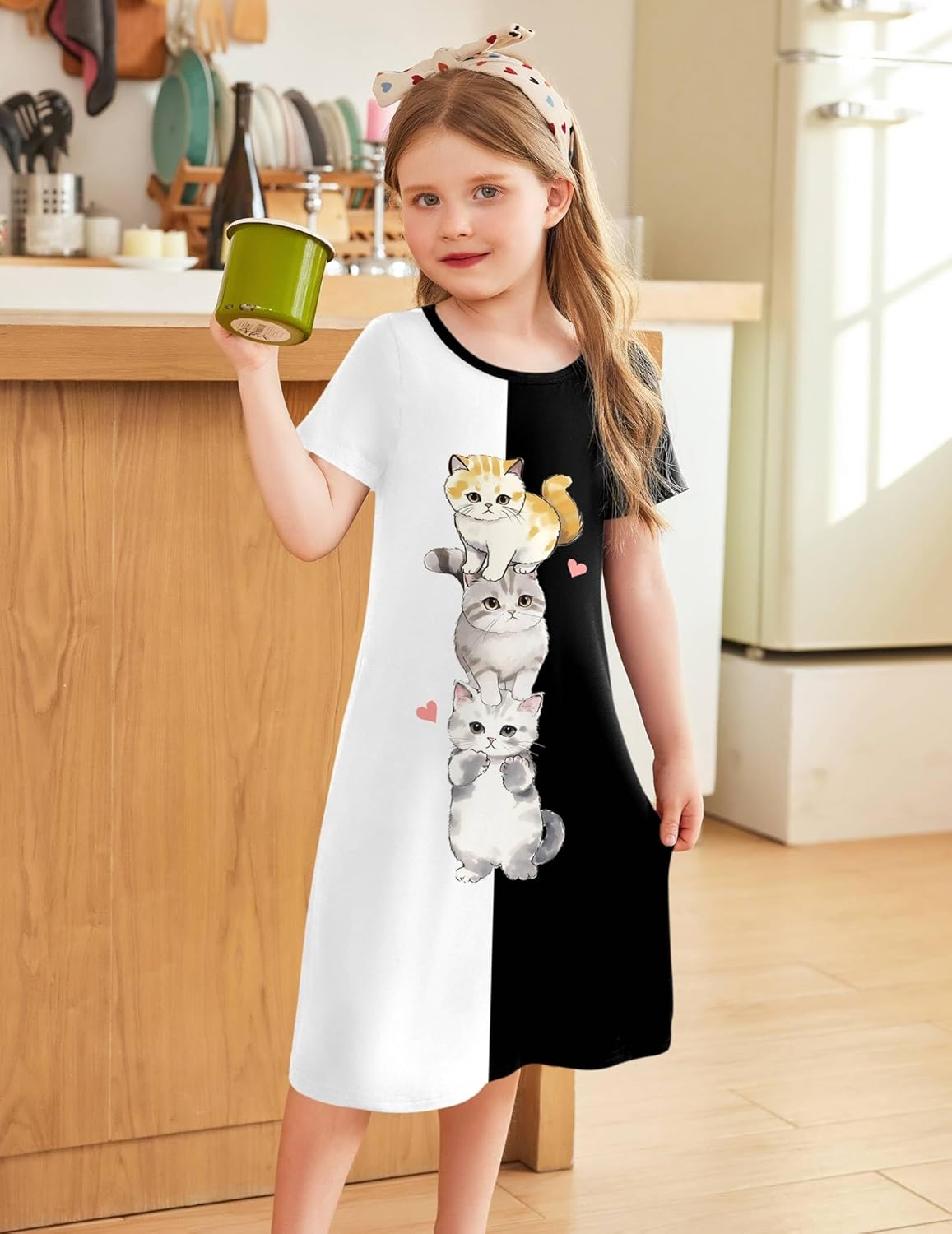 Arshiner Nachthemd Mädchen Kurzarm Pyjamas Kinder Schlafkleid Katze Einhorn Rundhals Nachtkleid 4-12 Jahre