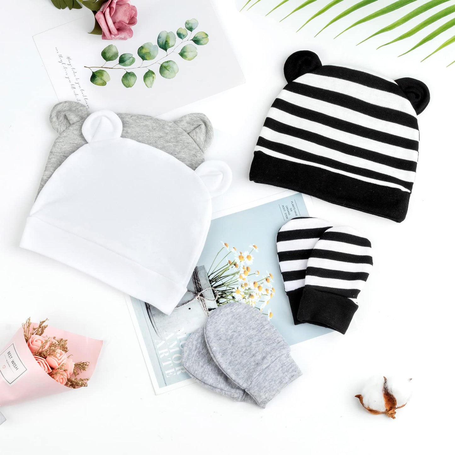 DRESHOW Newborn Baby Hat and Gloves Set Beanie Clothing Unisex Infant Hat Kindergarten Cap Baby Boys Girls 0-6 Months 