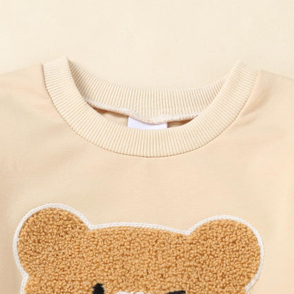 Carolilly Baby Suit 2-Piece Clothing Outfit Baby Clothing Set Cute Long Sleeve Sweatshirt Embroidered Bear + Long Trousers Warm Children's Suit Autumn Spring