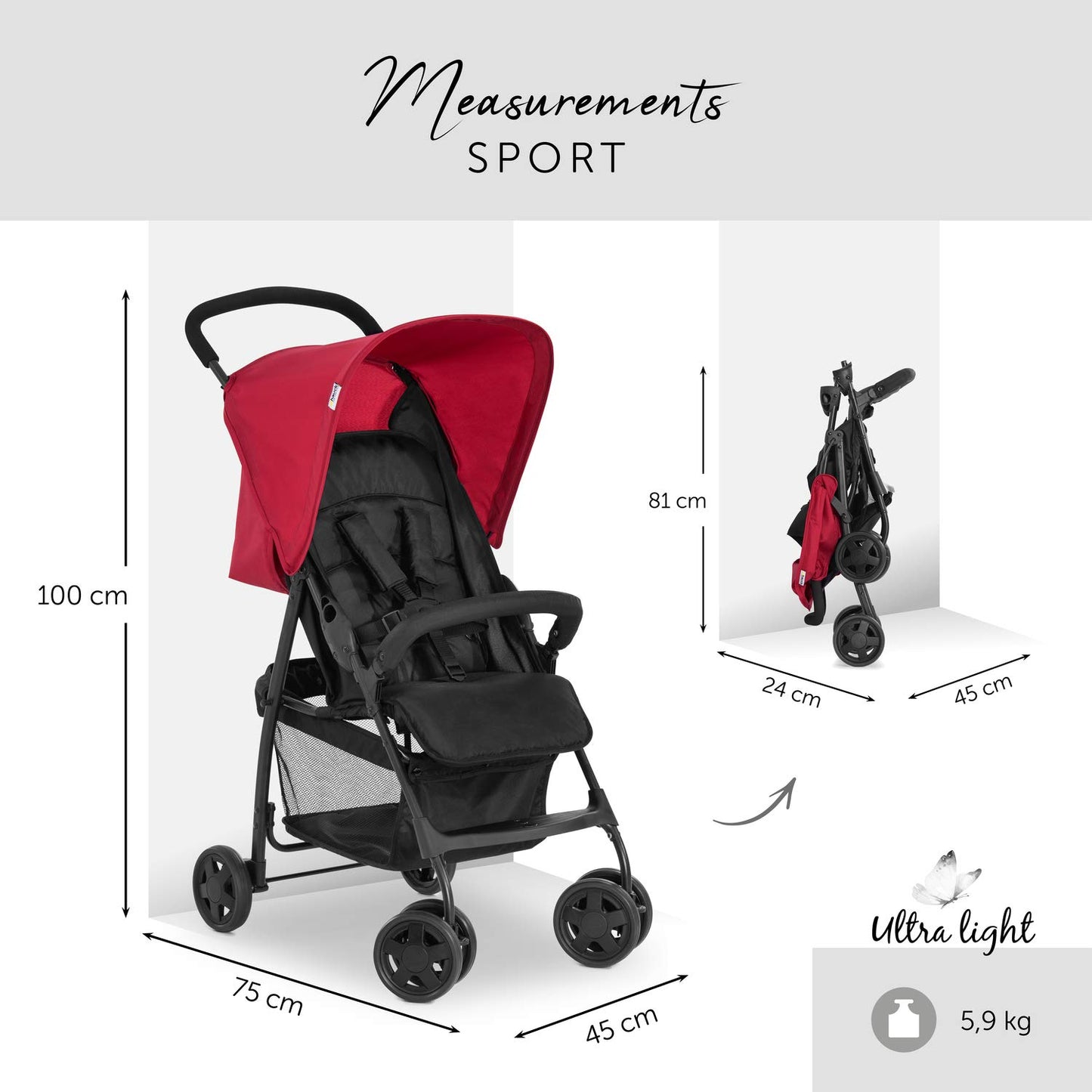 Hauck Lightweight Stroller up to 18 kg with reclining function from birth, small foldaway, sun canopy, large basket