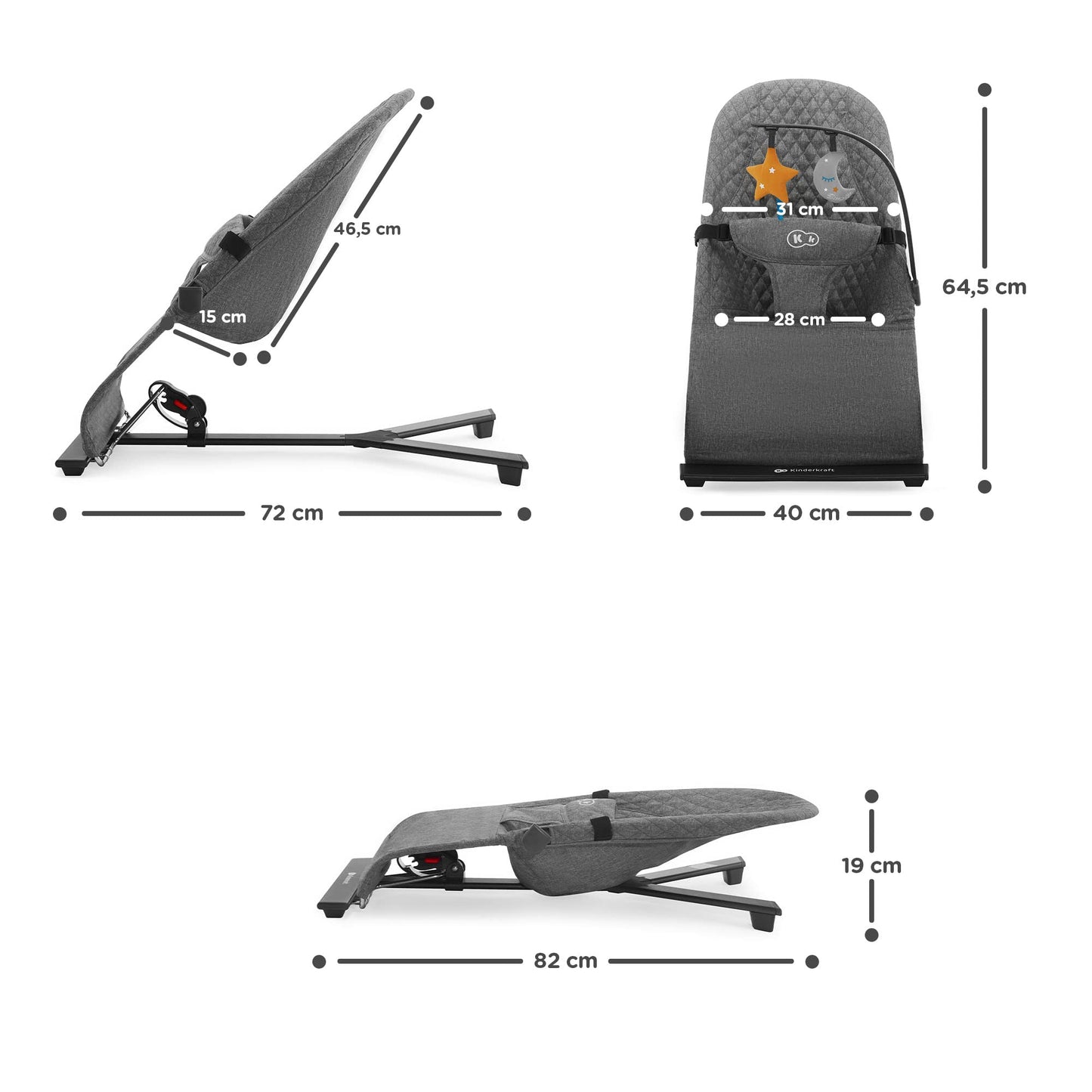 Kinderkraft MIMI Baby Rocker Play Bar with 2 Toys, Adjustable Backrest, Soft Material, Minimalist Scandinavian Design, Foldable, Grey