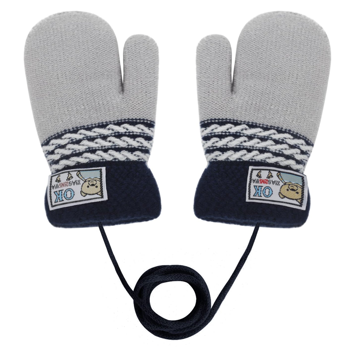 Kids Winter Gloves Mittens Baby Cartoon Mitten Neck Gloves Thick Double Knitted Glove with Plush,0 - 3 years old, Playing, Running, Skiing