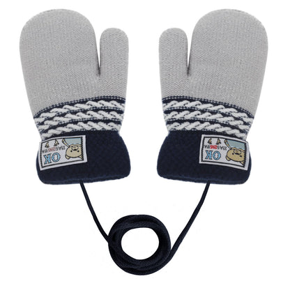Kids Winter Gloves Mittens Baby Cartoon Mitten Neck Gloves Thick Double Knitted Glove with Plush,0 - 3 years old, Playing, Running, Skiing