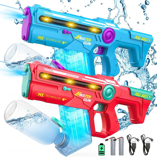 VATOS Elektrische Wasserpistole 2 Stück für Erwachsene und Kinder, Extra große Wasserpistole 1200 ml Kapazität, 32 Meter große Reichweite Wasserpistolen mit Licht, Sommer Spielzeug für Junge Mädchen