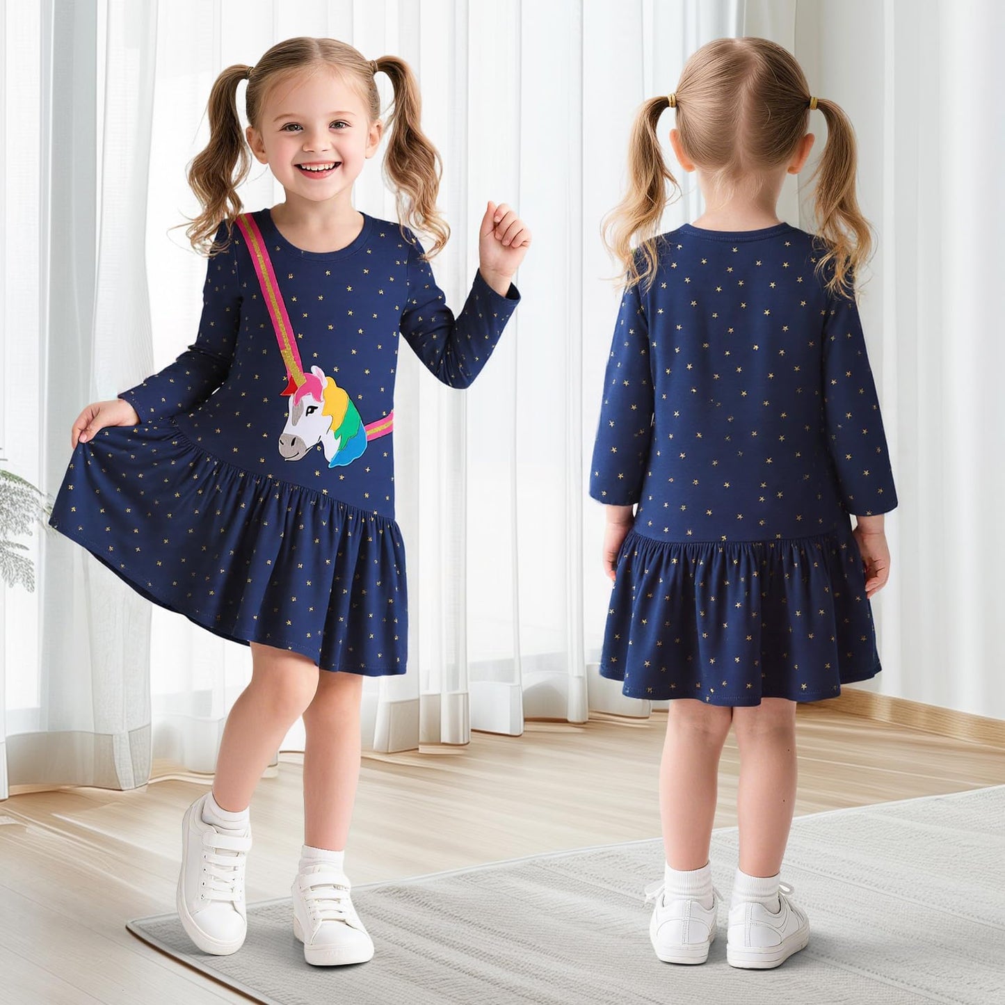 Mädchen Kleid Baumwolle Rundhals Rüschen Ärmellos Lässige Einhorn Cartoon-Applikationen Blau/Weiße Gestreift Kleidung Kinder Sommer Party Festliches Prinzessin A-Linie Kleider Gr. 98-128