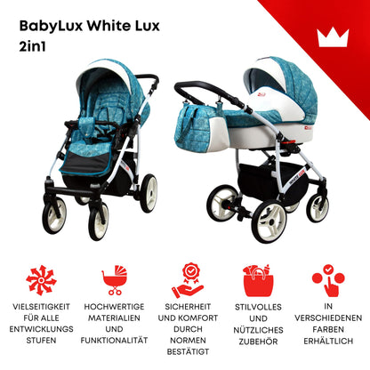 BabyLux® Bambimo Kinderwagen Set 3 in 1 - White Lux - incl. Babywanne, Buggy Sportsitz, Auto-Babyschale - Autositz - Kinderwagenset - Kombikinderwagen mit Wickeltasche, Regenschutz usw.